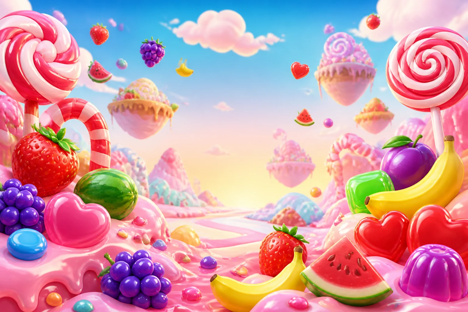 Sweet Bonanza şeker ve meyve temalı pastel oyun sahnesi